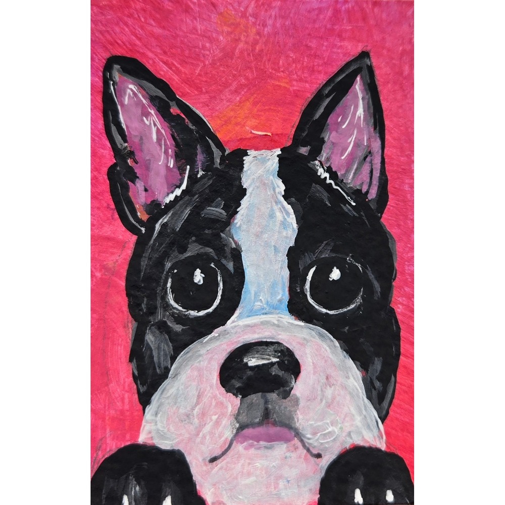 ACEO Boston Terrier Dog Painting Original Pink Portrait Art 2.5x3.5 OOAK Signed